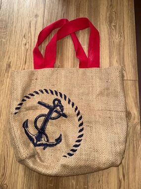Nautical Anchor Jute Tote with Red Handles